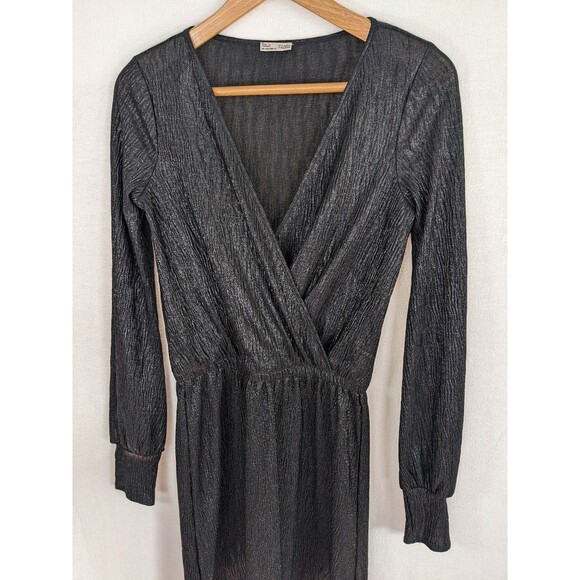 Zara Faux Wrap Dress Metallic Black Shimmer Slinky Textured Sz 8 (S/M) - Picture 4 of 8